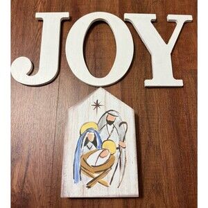 Joy Handmade Wooden Hanging Letters And Christmas Nativity Block Decor
